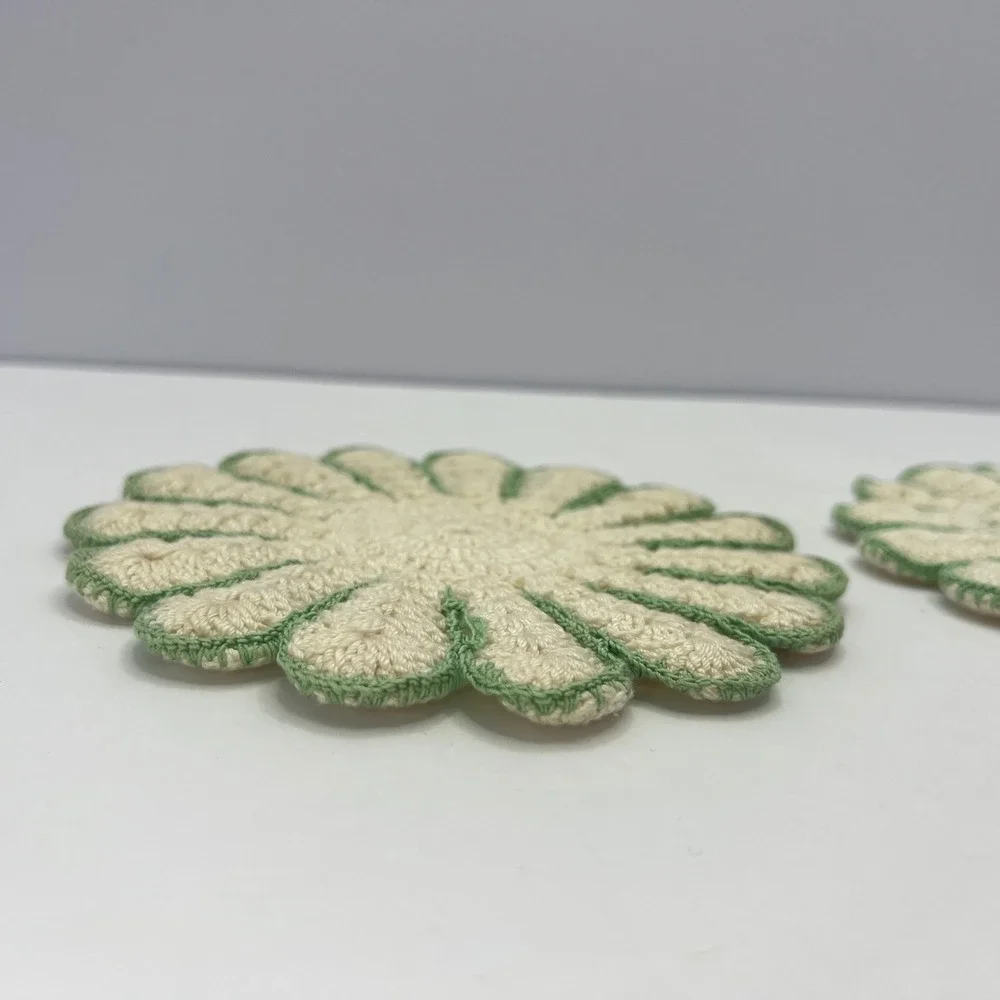 Handmade Crochet Daisy Coasters Set of 2 Vintage Floral Retro Boho Grandma Green